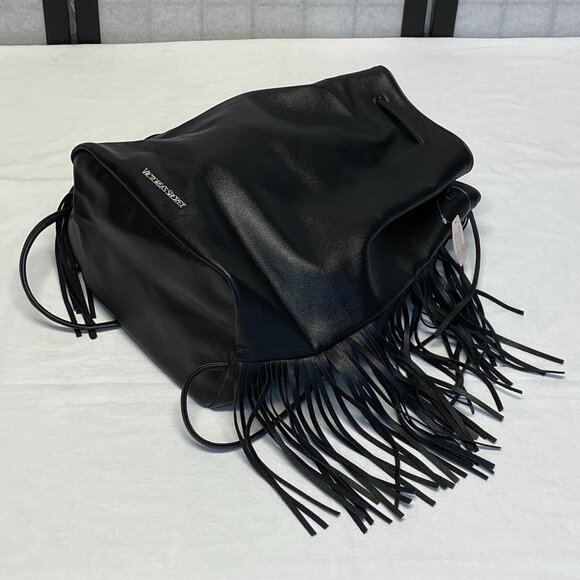 Victoria's Secret Faux Leather Fringed Slide Closure Backpack Tote Black NWT - Picture 8 of 15